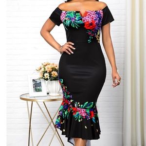 NEW Off Shoulder Retro Flower Print  Dress JrsM